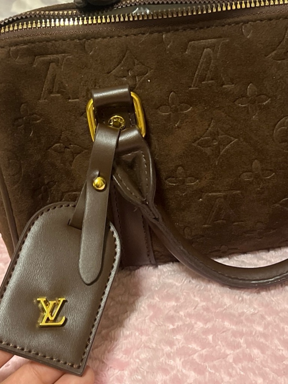 Brown Velvet Monogram Satchel - Picture 2 of 6